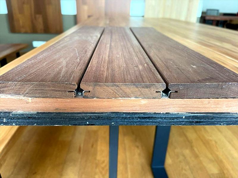 Grooved hardwood decking boards close up